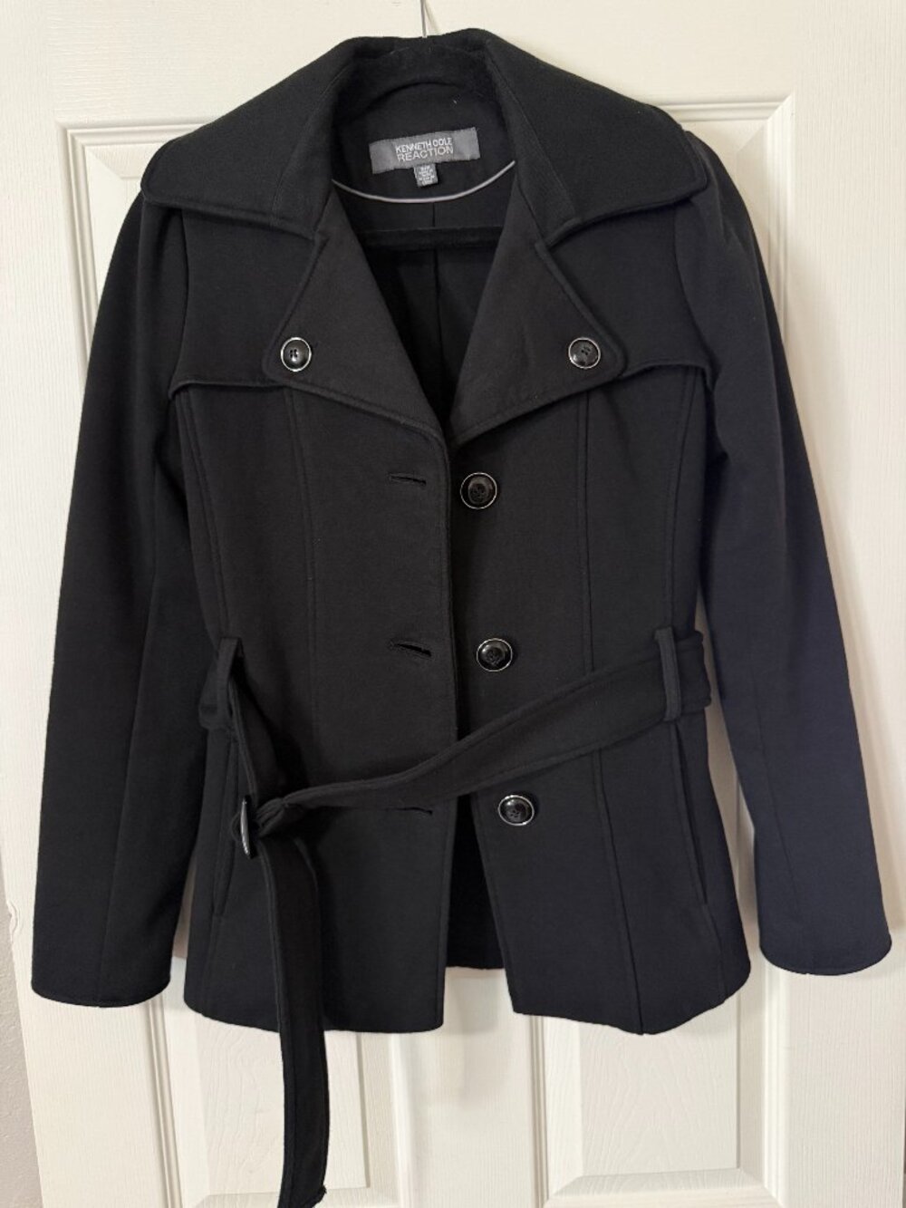 Kenneth Cole Reaction Womens M Black Belted Trench Peacoat Jacket Button Front